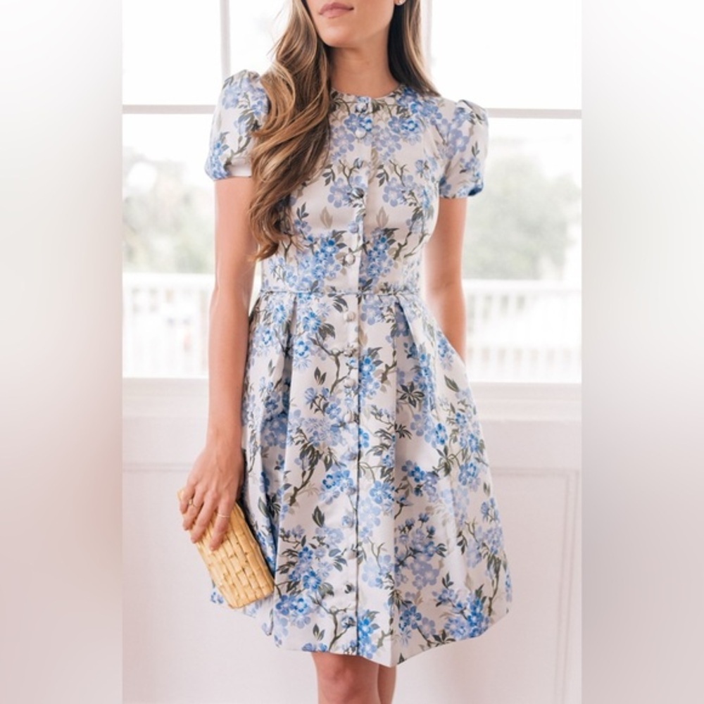 Gal Meets Glam Margaret Poppy Jacquard Dress Preppy Blue Floral Mini Size 4